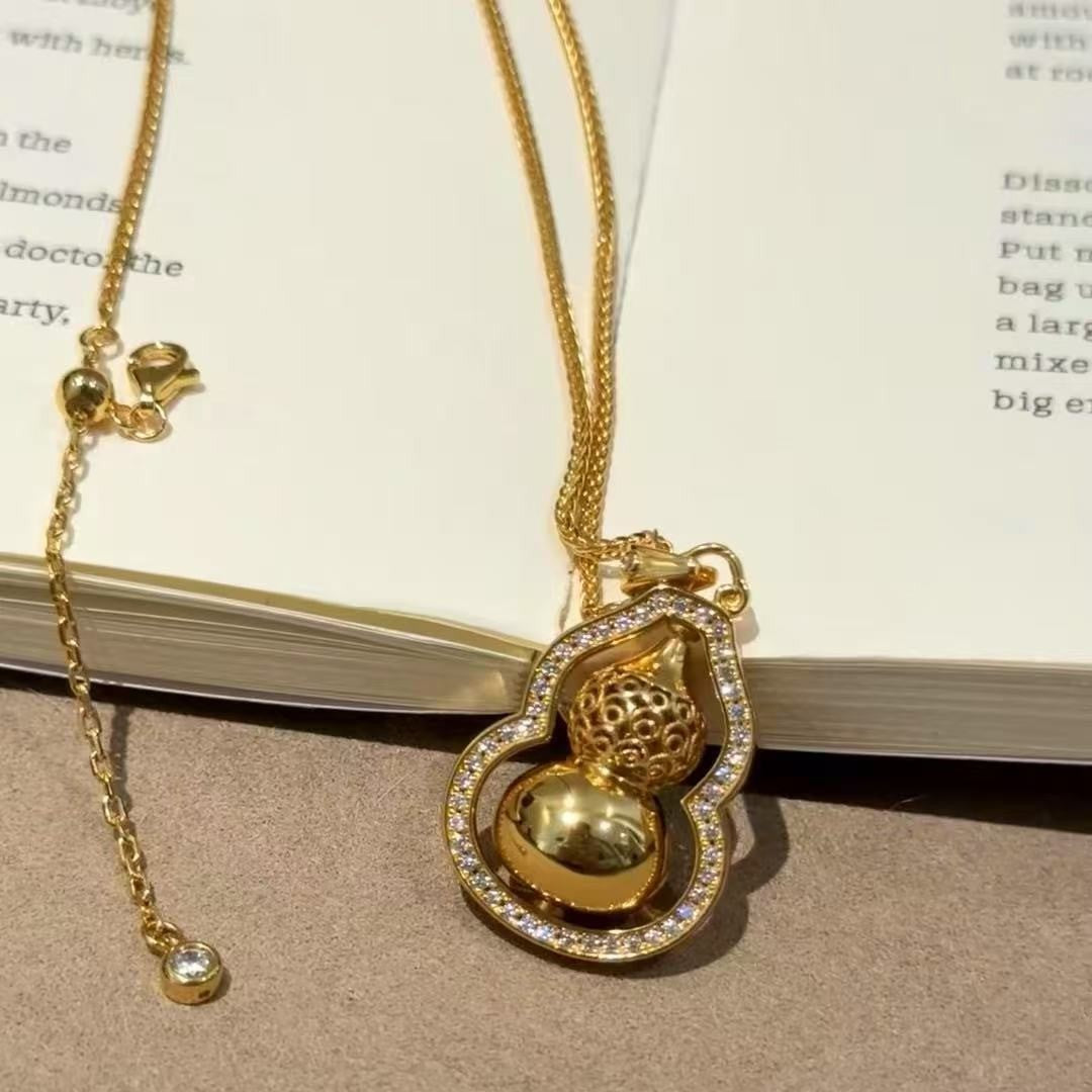 Pure Silver S92 Inlaid Diamond 5 Gourd Necklace Light Luxury High-end Vintage Ethnic Style Simple Versatile