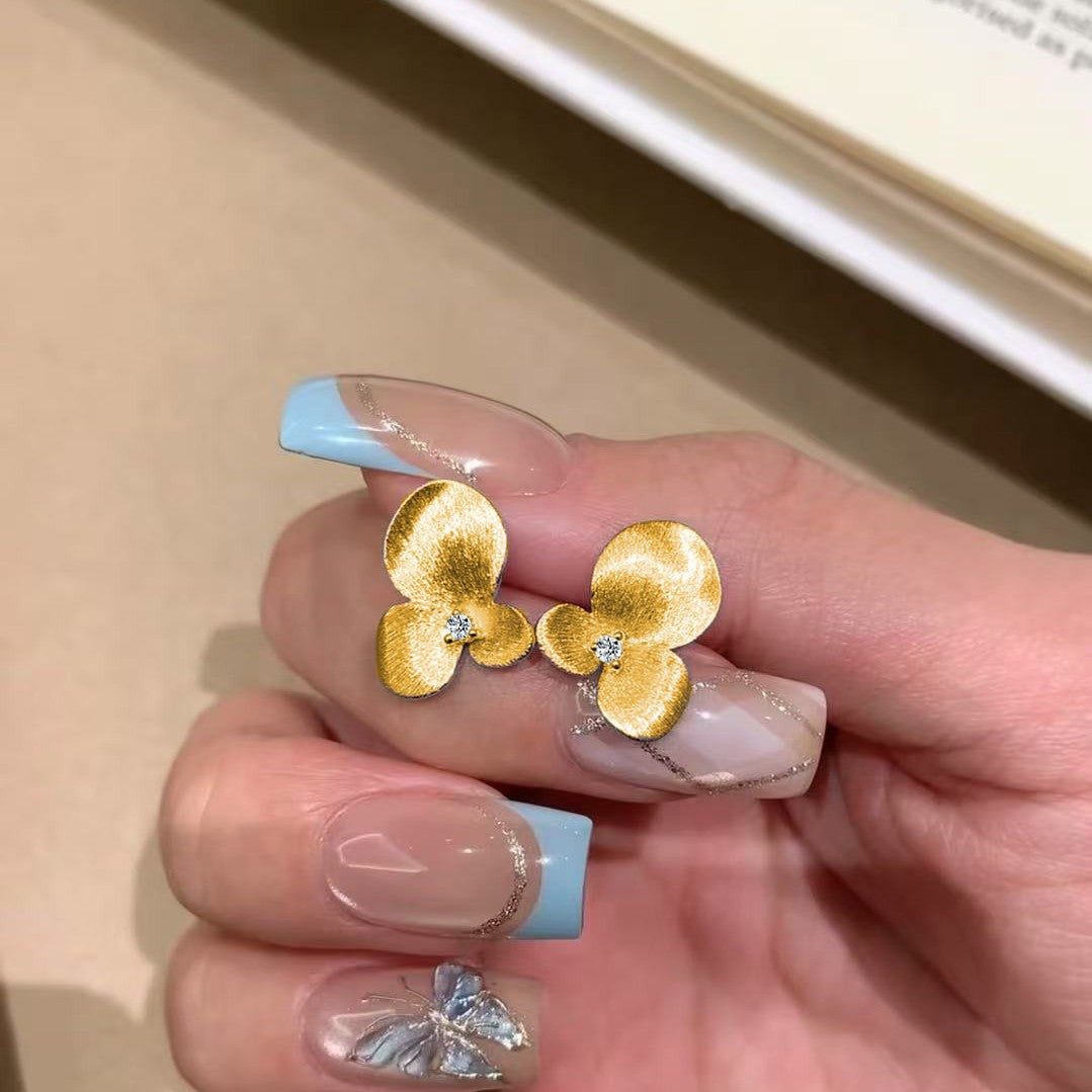 Brushed Craft Lily of the Valley Earrings with Diamonds, Elegant Fashionable Niche Three-Petal Flower, Exquisite Light Luxury Versatile