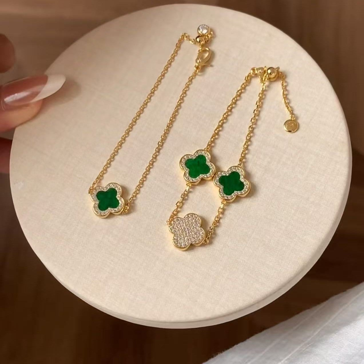 Pure Silver S925 Jade Green Four-Leaf Clover Double-Sided Three-Flower Single-Flower Bracelet Fresh and Luxurious Niche Style Elegant Jewelry