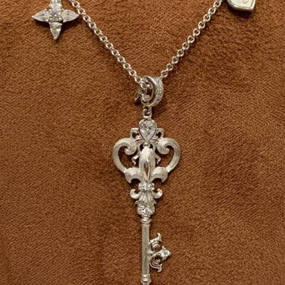 Sterling Silver S925Brushed Craft Iris Flower Fairy Wand Key Necklace for Women, Niche Light Luxury High-end Collarbone Chain