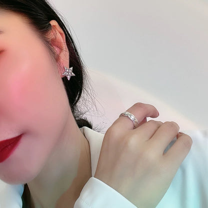 Korean Style S925Sterling Silver Five-Pointed Star Earrings Ear Clips for Women Vintage Distressed Fashion Simple Star