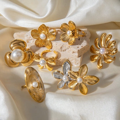 Stainless Steel Flower Pearl Ring Exaggerated High-End Ins Style Titanium Steel Rings Jewelry