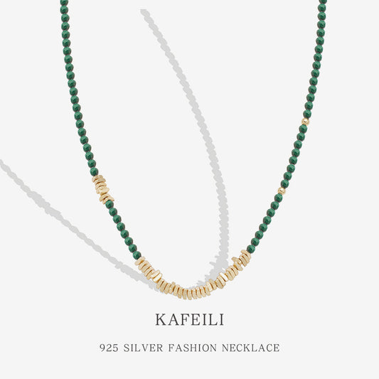 Natural Malachite S925Women's Sterling Silver Necklace French Retro Beaded with Clavicle Chain Accessories High Sense Necklace