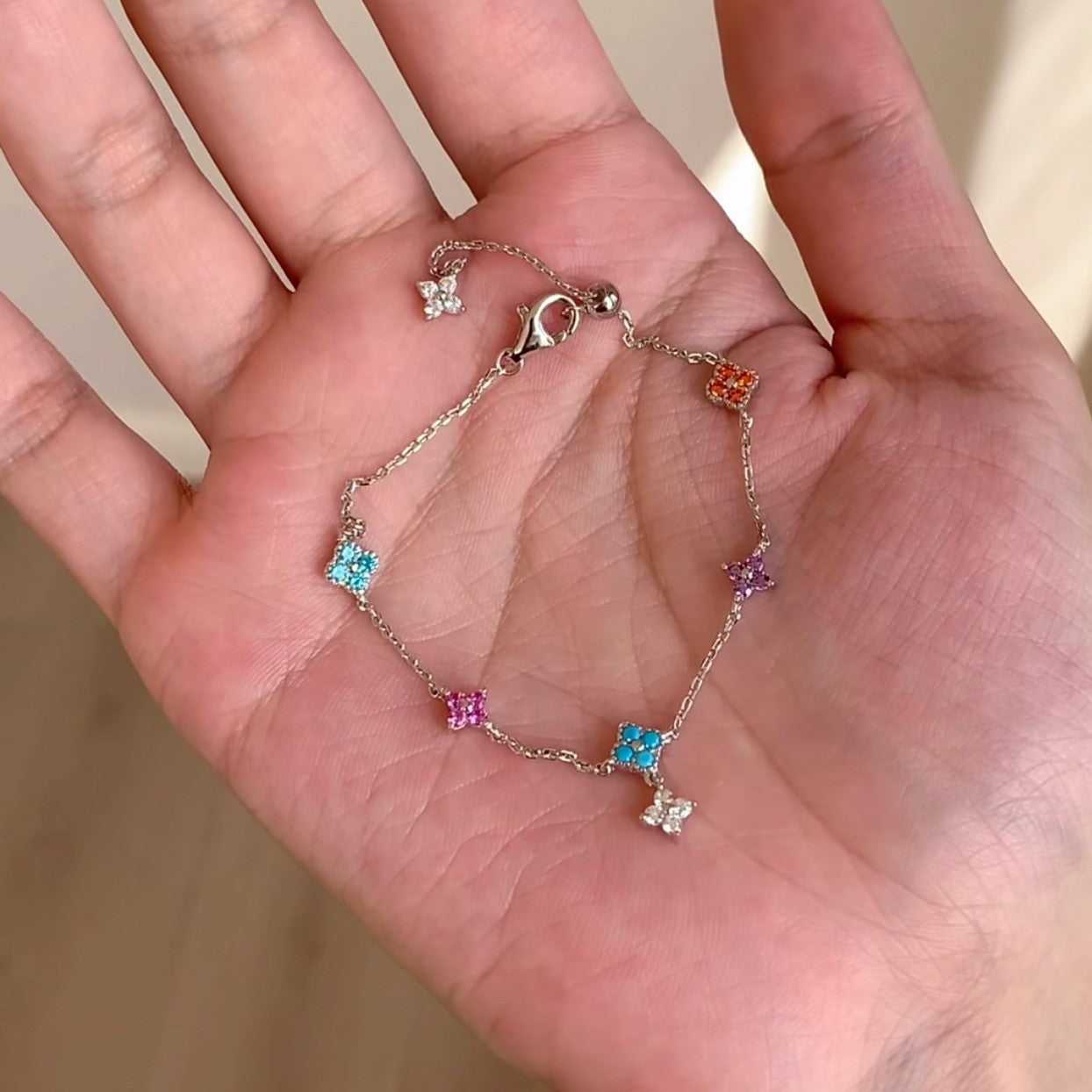 925 Sterling Silver Summer Dopamine Colorful Four-Leaf Clover Bracelet Fashion Light Luxury Ins Niche Design