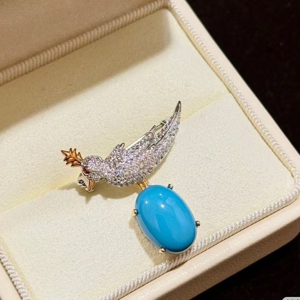 Sterling Silver S925 Blue Turquoise Bird Shape Brooch High-end Luxury Exquisite Elegant Special Edition Premium Accessory Brooch
