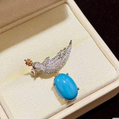 Sterling Silver S925 Blue Turquoise Bird Shape Brooch High-end Luxury Exquisite Elegant Special Edition Premium Accessory Brooch