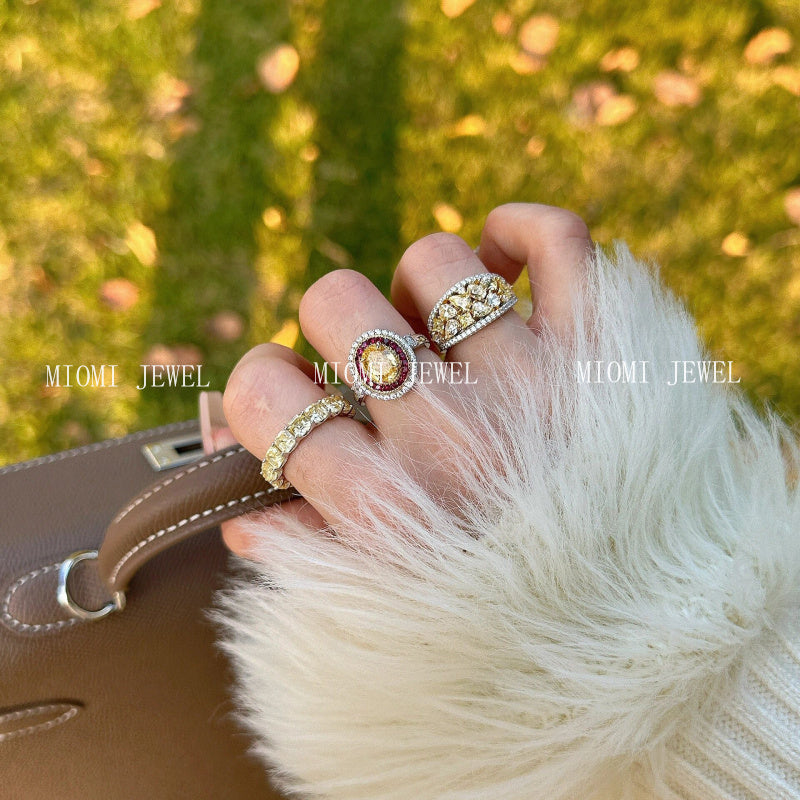S925 Sterling Silver High Carbon Diamond ring Light Luxury Row Diamond Full Circle Ring Collection Socialite Layered Pigeon Egg Yolk Diamond Wealth Ring