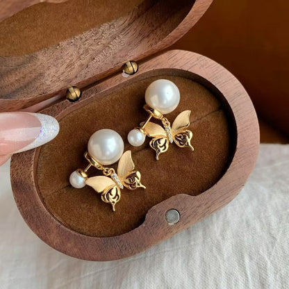 Sterling Silver S925 Brushed Craft Butterfly Pearl Earrings Light Luxury Niche Design Exquisite Versatile Elegant New Earrings