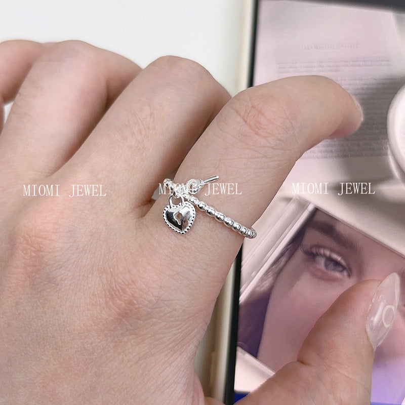 Real Shot S925 Sterling Silver Sweet Heart Key Ring for Women, Ins Niche Design, Simple Round Bead Open Index Finger Ring