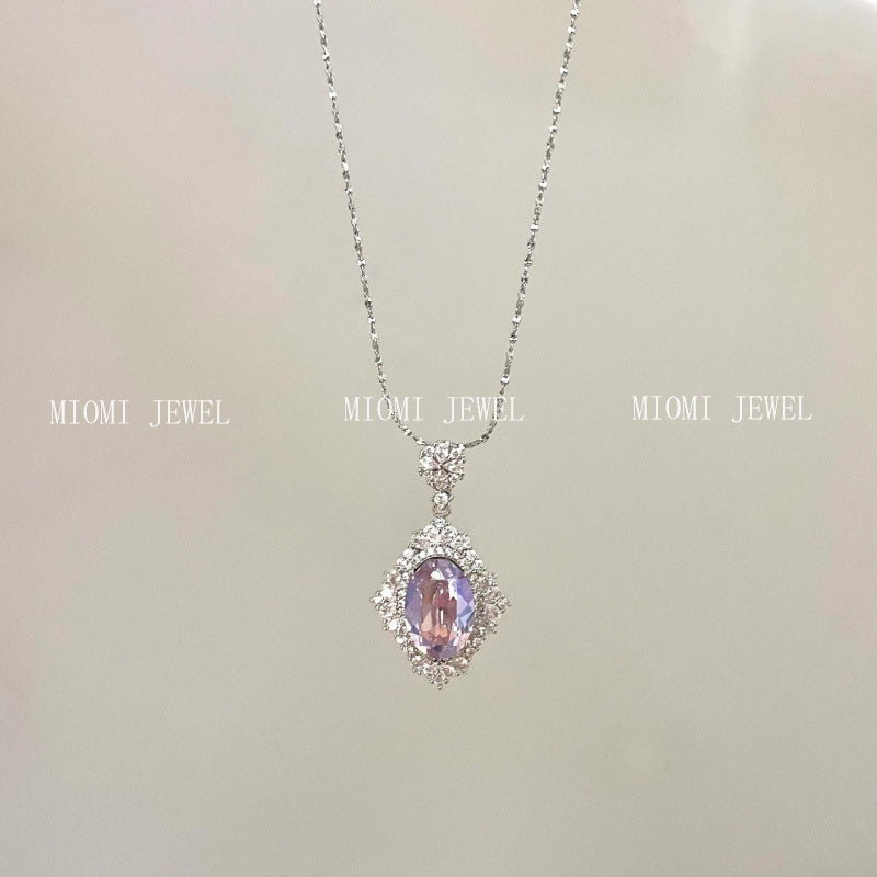S925 Sterling Silver French Style Brilliant Violet Ice Flower Zircon Necklace Pigeon Egg Oval Pendant Full Diamond