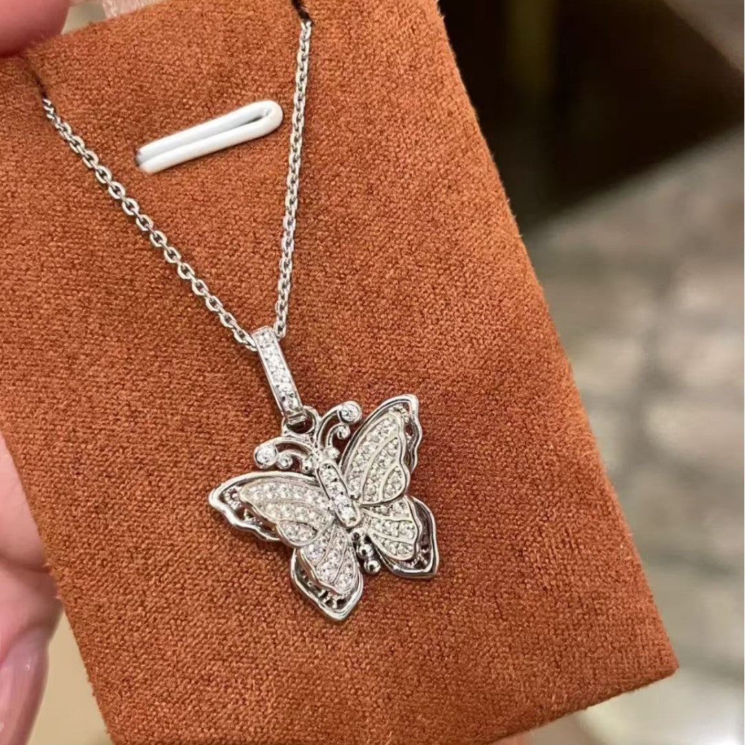 High Carbon Diamond Old Shop Same Style Butterfly Pendant Necklace Filigree Inlaid Diamond Collarbone Chain Necklace