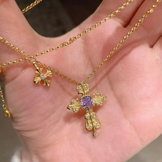 Pure Silver S925 Nine Purple Fire Zircon Iris Flower Cross Necklace Exquisite High-end Elegant Versatile Necklace