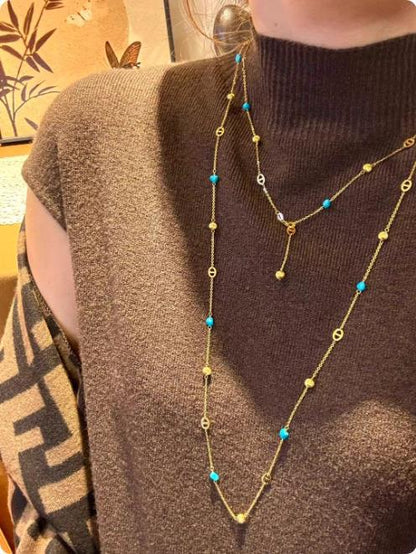 Sterling Silver S925Pig Nose Blue Turquoise Cat Eye Sweater Chain Niche Design Light Luxury High-end Layered Long Collarbone Chain