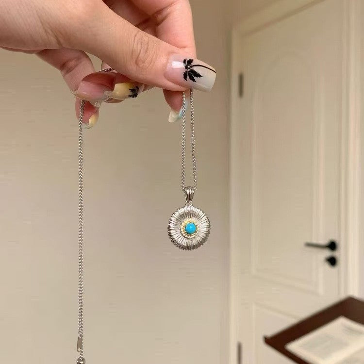 Vintage Brushed Craft Blue Turquoise Daisy Necklace Bracelet Set High-end Unique Personality Design