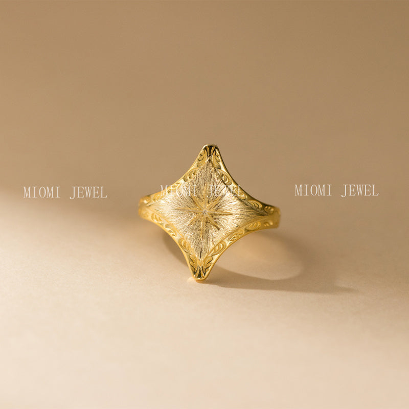 S925 Sterling Silver Vintage Light Luxury Brushed Four-Pointed Star Ring Open Design Sense Hand Jewelry for Women
