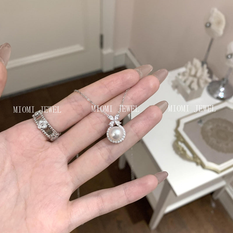 S925 Sterling Silver Natural Freshwater Pearl Bow Necklace French Style Ultra Sparkling Zircon Flower Collarbone Chain for Women