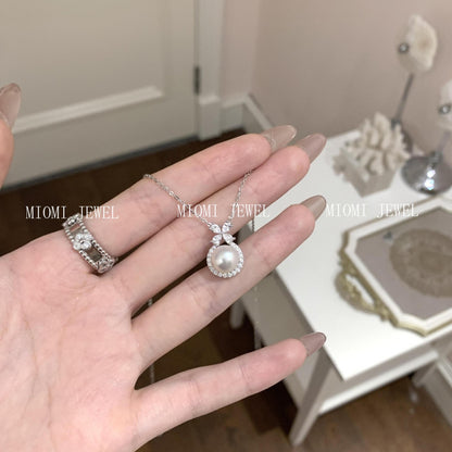 S925 Sterling Silver Natural Freshwater Pearl Bow Necklace French Style Ultra Sparkling Zircon Flower Collarbone Chain for Women
