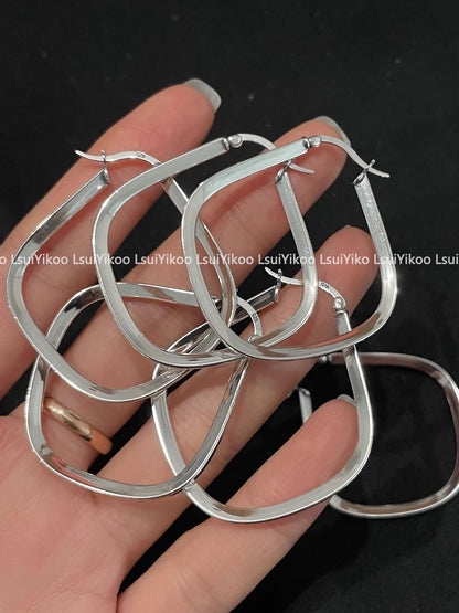 French Style High-End Feel Pure Silver S925 Rhombus Square Hoop Earrings Heavy Craft Exaggerated Fashion Personality