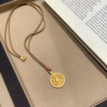 Pure Silver S925 Chinese Style Compass Rotatable Brown Rope Sweater Chain New Year Series