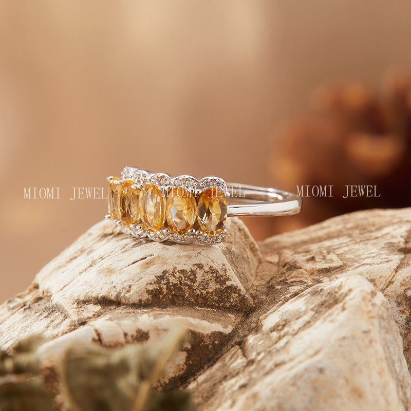 S925 Sterling Silver Natural Yellow Crystal Ring for Women, High-End Sense, Row of Diamonds, Colorful Gemstone Jewelry, Index Finger Ring, Live Streaming Hot Item