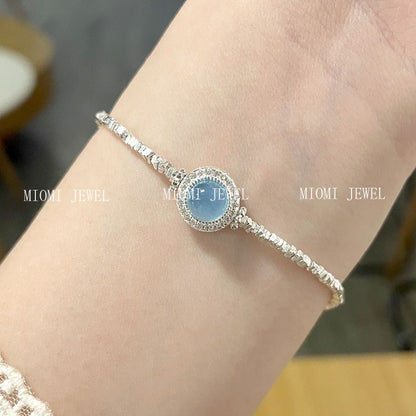 S925 Sterling Silver Natural Aquamarine Broken Silver Bracelet for Women, Ins Style, Fresh and Sweet, Simple Ice Crack Texture Bracelet