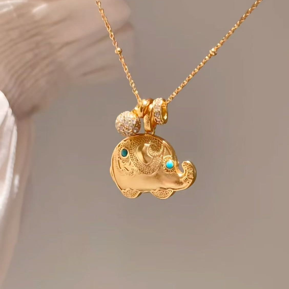 Pure Silver S925 Ethnic National Style Ancient Method Gold Elephant Turquoise Necklace Lucky Fortune Harvest Necklace Light Luxury Fashion