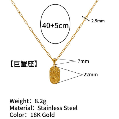 18K Gold Plated Zircon Embossed Ancient Method Pendant Zodiac Titanium Steel Necklace