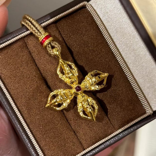 Brown Rope Necklace Pure Silver S925 Ruby Cross Vajra Necklace for Women Double-Sided Pendant Autumn Winter