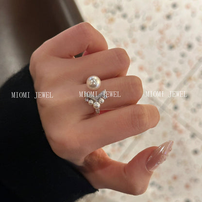 S925 Sterling Silver Micro Inlaid Zircon Pearl Fish Tail Ring Niche Design Sense V-shaped Diamond Ring Tail Ring for Women