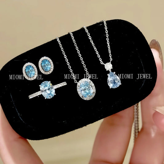 S925 Sterling Silver Aquamarine Water Drop Oval Ring Earrings Necklace Versatile High-End Niche Jewelry Set