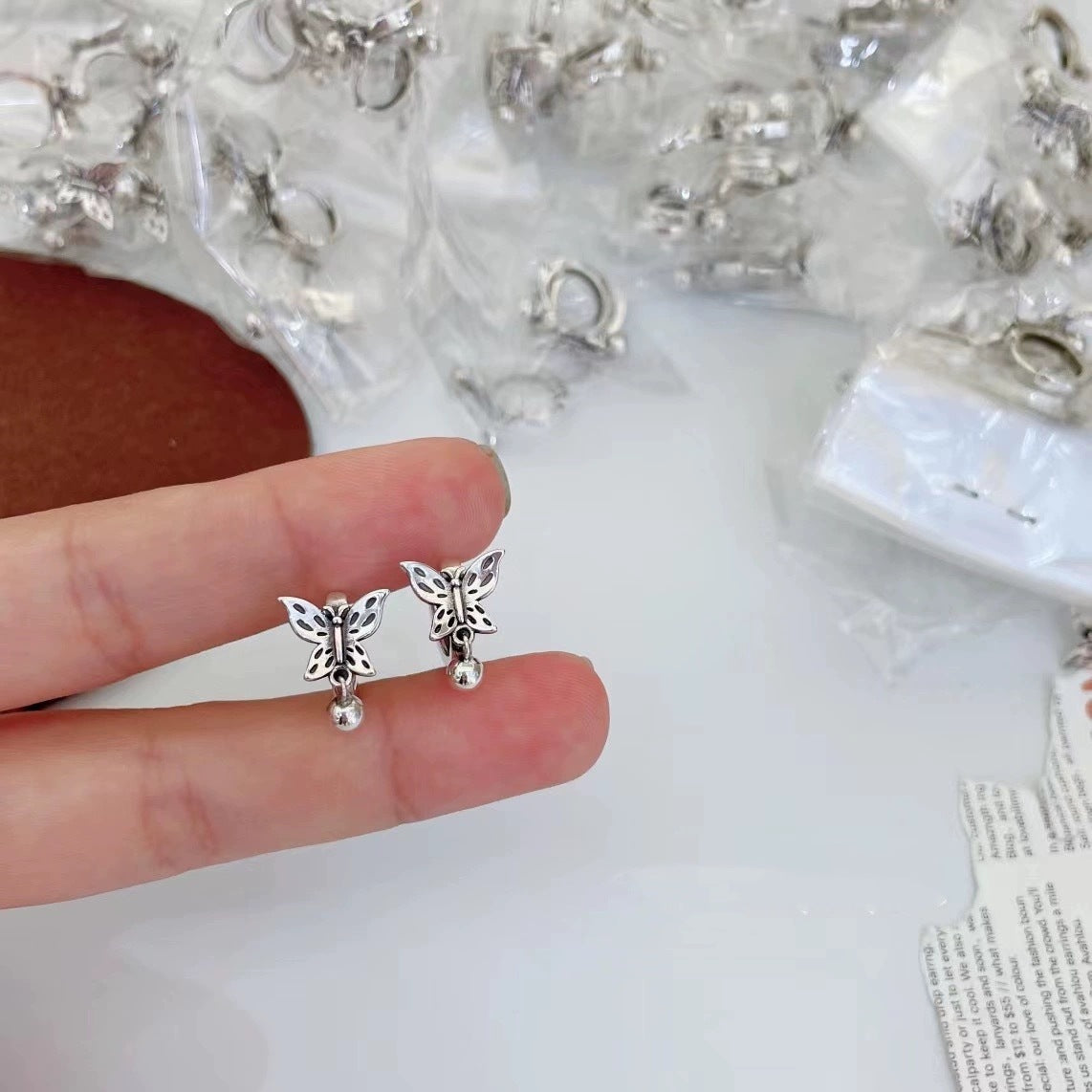 Pure Silver S925 Hollow Butterfly Dangle Ball Earrings Fashion Simple Korean Style Ear Clips Shiny Ear Jewelry