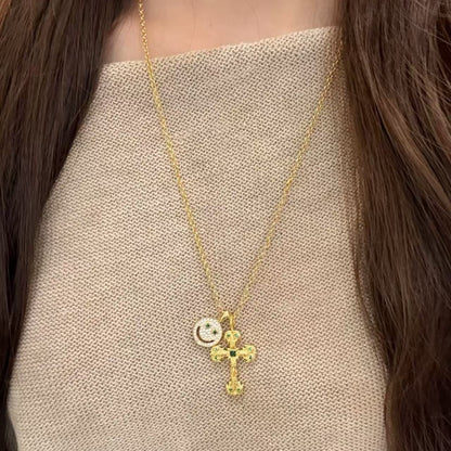 Pure Silver S925 Super Shiny Cross Iris Flower Smiley Face Necklace Trendy Brand Retro Light Luxury Niche Personality Versatile Neck Chain