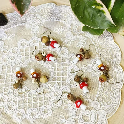 Handmade Vintage Forest-Style Fresh Minimalist Vacation Earrings - Jungle Glass Small Mushroom, Cute Lolita Dried Fruit Earrings