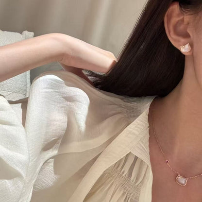 Sterling Silver S925 Natural Pink Shell Kitty Cat Necklace Earring Set Niche Simple High-end Light Luxury Fashion Versatile