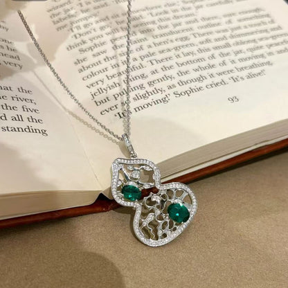 Pure Silver S925 National Style New Chinese Hollow Flower Window Emerald Gourd Fortune Necklace Vintage Exquisite Choker Light Luxury