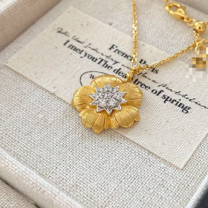 Pure Silver S925 Brushed Craft Color Electroplated Wealth Flower Pendant Necklace Fashion Simple