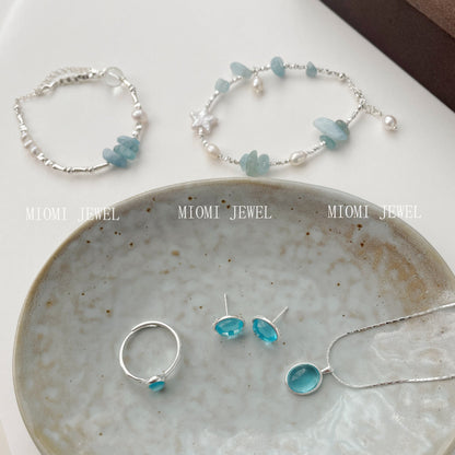 S925 Silver Aquamarine Bracelet Set Irregular Cut Gemstone Series Silver