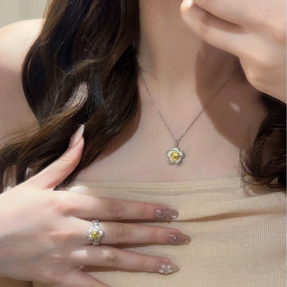 Sterling Silver S925 Brushed Craft Quirky Sunflower Ring Necklace Earrings Set High-end Unique Personality Design