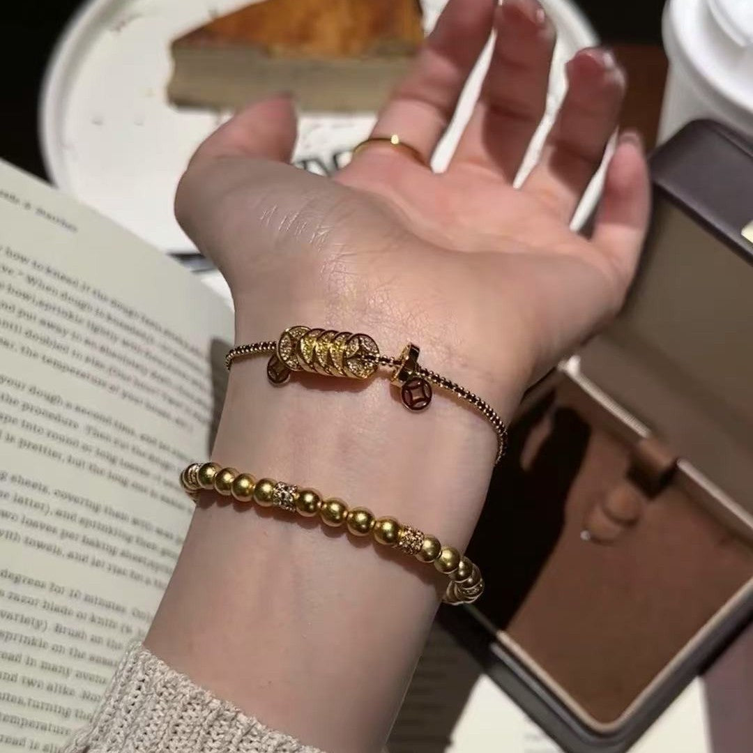 925 Sterling Silver Ancient Gold Barrel Bead Bracelet Vintage Elegant Light Luxury Bracelet High-end Bracelet