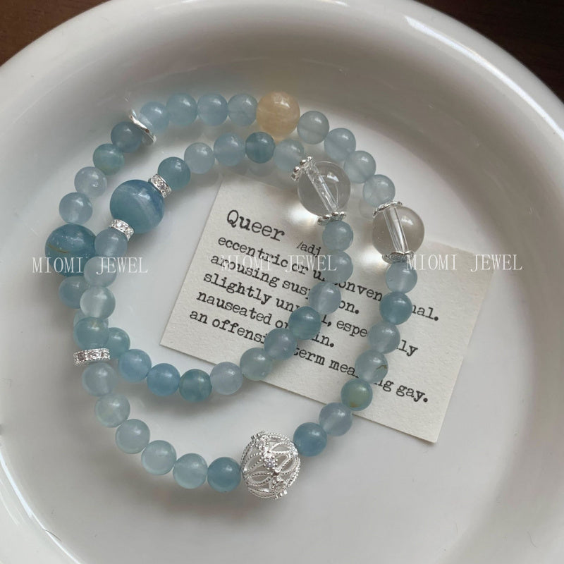 S925 Sterling Silver Natural Blue Yellow Crystal Double Circle Bracelet for Women Korean Minimalist Niche Design Bracelet