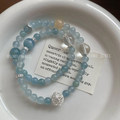 S925 Sterling Silver Natural Blue Yellow Crystal Double Circle Bracelet for Women Korean Minimalist Niche Design Bracelet