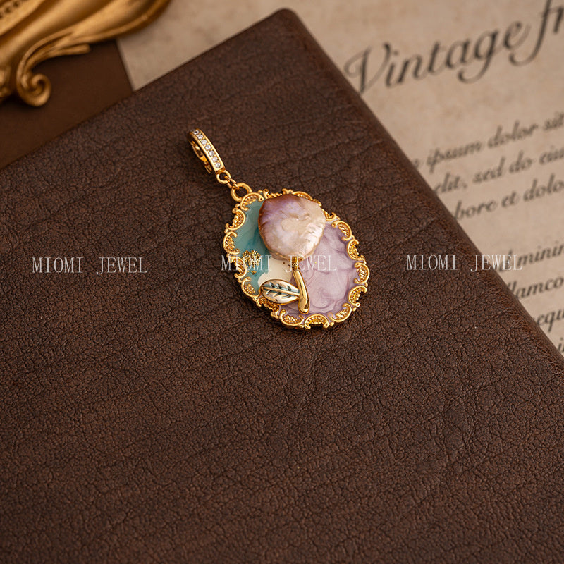 Natural Baroque Pearl Necklace Universal Clasp Pendant Exquisite Oil Drop Flower Oil Painting Style Retro Versatile Women's Necklace