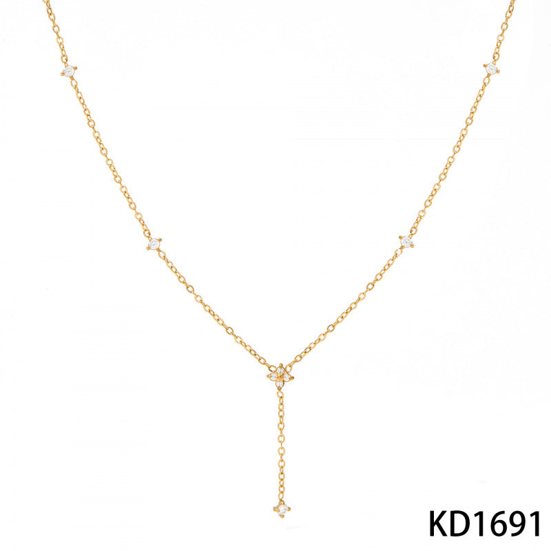 Stainless Steel Zircon Flower Y-shaped Necklace Exquisite Versatile Light Luxury High-end Cool Accessories for Women