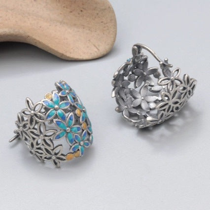 S925 Sterling Silver Resin Oil Drop Craft Small Flower Hollow Earrings Vintage Distressed Flower Earrings Ethnic Style Jewelry