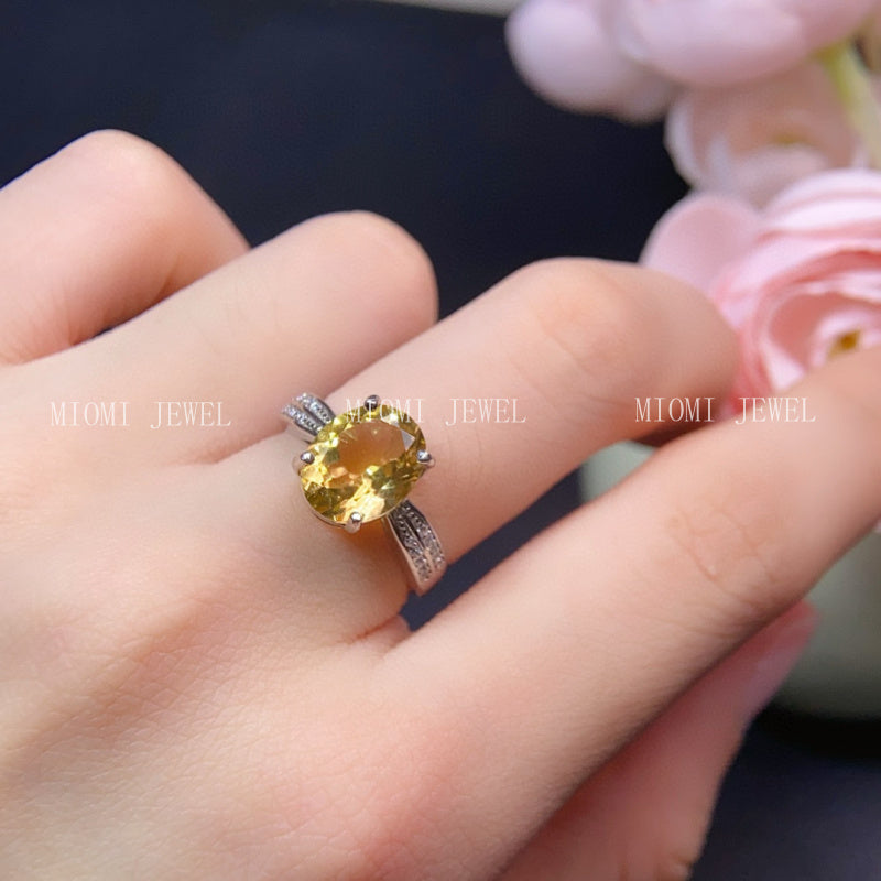 S925 Sterling Silver Inlaid Natural Yellow Crystal Gemstone Women's Ring Elegant Fashion Jewelry