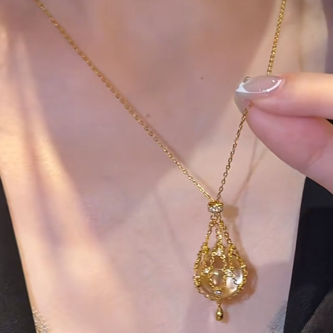 Pure Silver S925 Natural Double A White Crystal Net Pocket Necklace Vintage Fashion Light Luxury Lady Style Sweater Chain Adjustable Chain