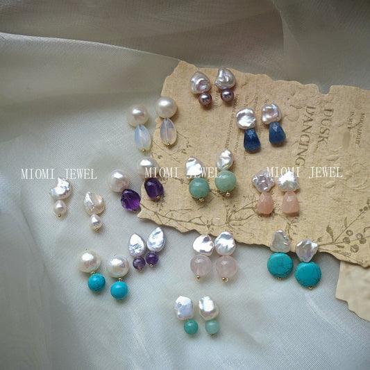 Natural  Pearl Turquoise Pink Crystal Amethyst Irregular 925 Silver Needle Irregular Earrings Ear Jewelry