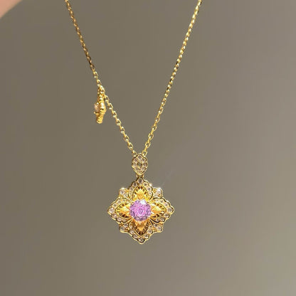 Pure Silver S925 Buchi Style Four-Leaf Clover Brushed Craft Purple Rose Cut High Carbon Diamond Necklace Light Luxury Retro