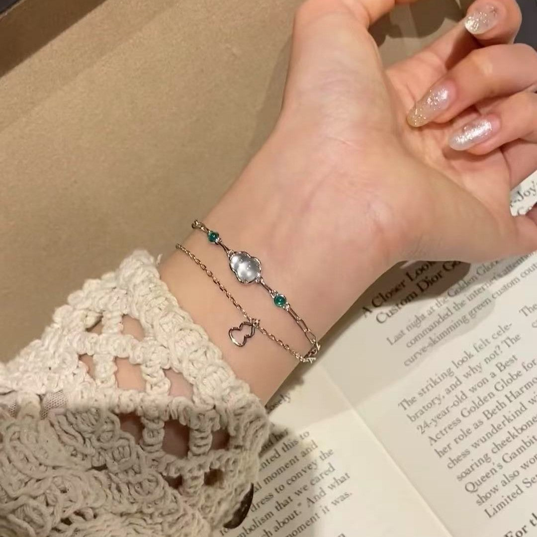 Pure Silver S925 Natural Water Foam Jade Gourd Double Layer Bracelet Exquisite Simple Light Luxury Niche Fashion High-end Sense Jewelry