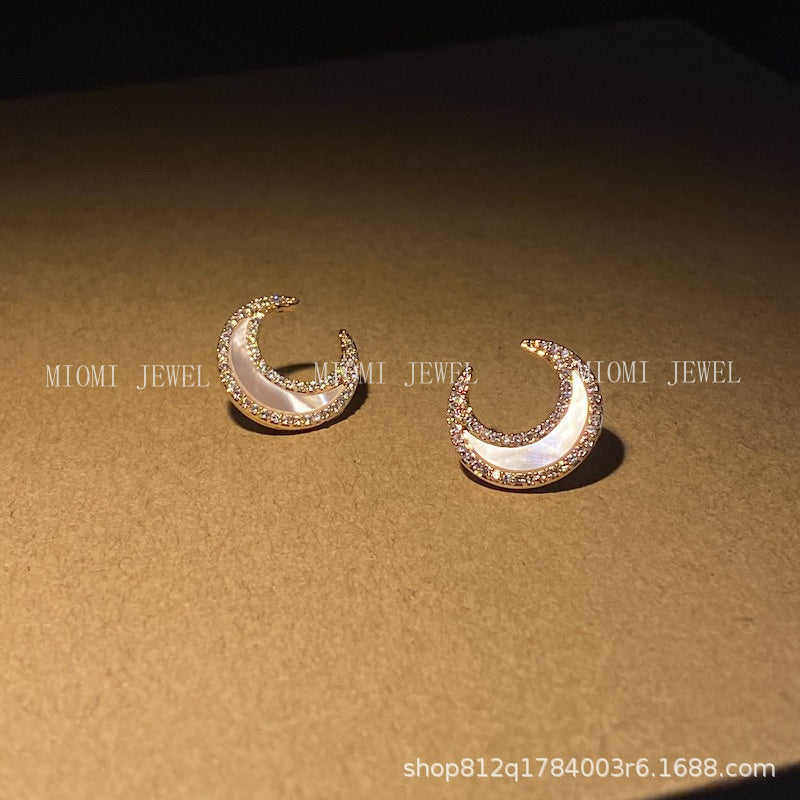 Iris Moon Sea Inlaid Diamond Shell Earrings for Women, Pure Silver Simple Minimalist Style Earrings, 2025 Trend